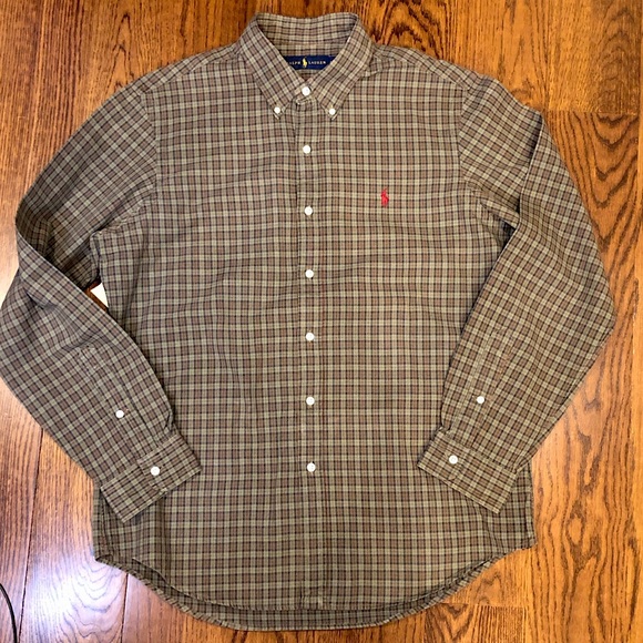 RALPH LAUREN Long Sleeve Olive Green Plaid Button Down Dress Shirt Sz Large - Picture 12 of 12